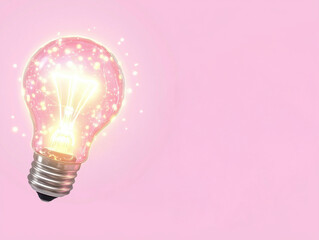A glowing light bulb on a pink background.