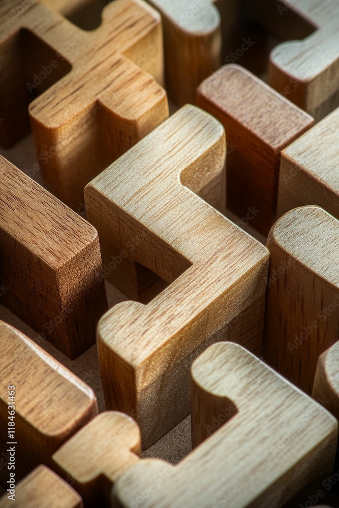 Aufkleber wooden blocks form complex, interlocking pattern.