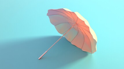 Pastel pink beach umbrella on blue background.