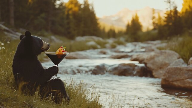 Black bear enjoys cocktail by mountain stream at sunset.