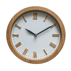 A round wall clock with a light brown wooden frame and white face, featuring black hands and roman numerals.