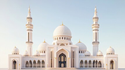 Naklejka premium Majestic white mosque with two minarets under a clear sky.