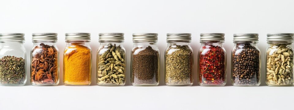 A row of spice jars showcasing various colorful spices for culinary use.