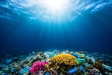 Obraz premium Surreal Underwater Dystopia Teeming with Marine Life Amid Plastic Pollution