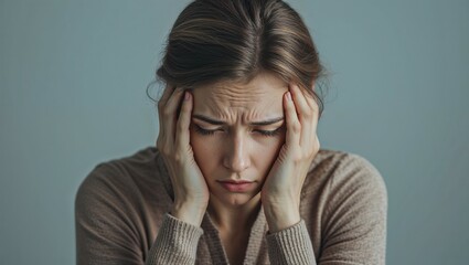 The young woman clutches her head in pain, her face contorted in an expression of sadness and frustration