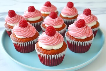Red velvet cupcakes topped with raspberry and cream frosting, arranged in a circular pattern on a pastel blue plate.
