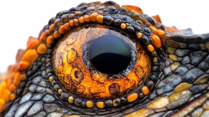 Fototapeta premium Close-up of a reptile's eye, showcasing intricate texture and vibrant orange and black colors.
