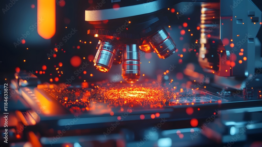 Poster Abstract Close-Up of a Scientific Microscope Focusing on a Vibrant Colloidal Solution Surrounded by Dynamic Particles in a Futuristic Laboratory Setting