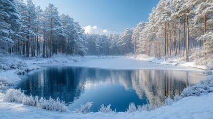 Frozen lake reflecting snow-covered pine forest under a clear winter sky.