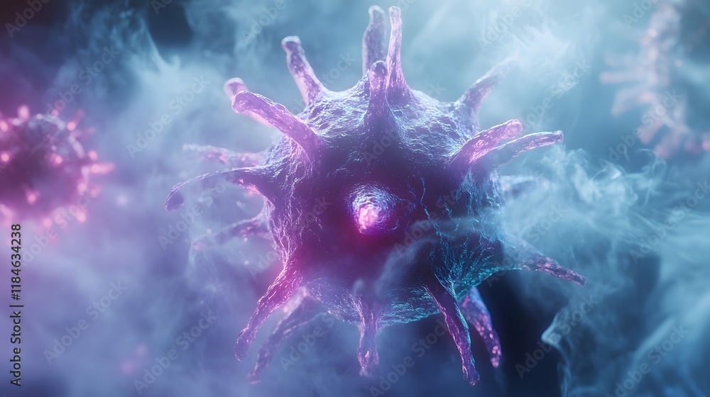 Poster Abstract Representation of a Virus Structure with Glowing Elements in a Dark Ambient Setting, Showcasing Intricate Details and a Futuristic Look