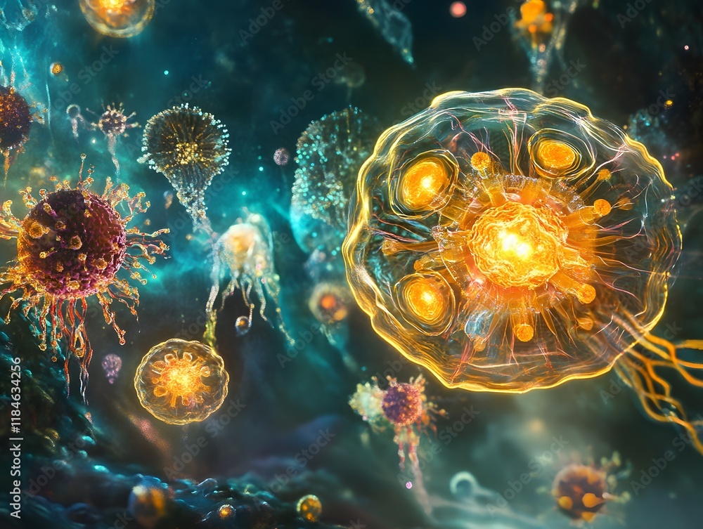 Poster Abstract Representation of Colorful and Luminous Microorganisms in an Enigmatic Cosmic Environment with Ethereal Lighting Effects and Depth of Field