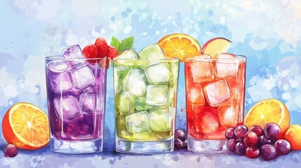 Colorful cocktail made with natural fruit juices, including orange, grape, and apple, served with ice cubes and fresh fruit garnish