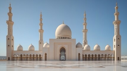 Grand mosque, sunny day, architectural details, white stone, symmetrical facade, minarets, domes, courtyard, reflection.