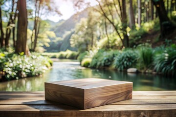 Mocku up template a round wooden table with a blurred background lake and trees. Product Presentation