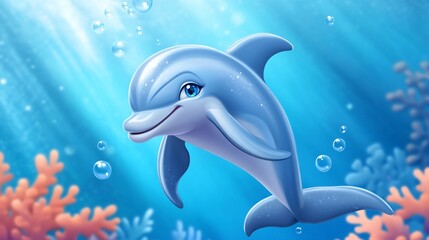 Fototapeta premium Cute cartoon dolphin swimming underwater, surrounded by coral.