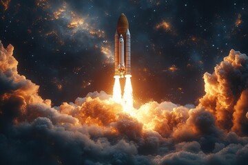 futuristic 3d illustration of dynamic spacecraft launch breaking through digital laptop screen with dramatic lighting on dark background