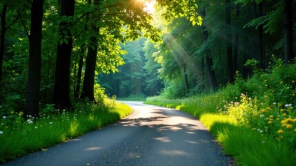 Obraz premium Serene woodland path bathed in sunlight, winding through lush greenery and vibrant wildflowers on a summer morning