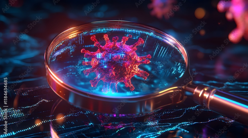 Poster Magnifying Glass Focusing on Colorful Virus Structure with Abstract Background of Data Visualization and Technology Elements