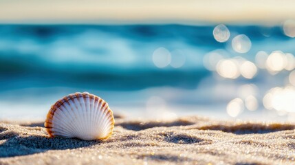 Obraz premium A seashell resting on sandy beach with ocean waves in the background.