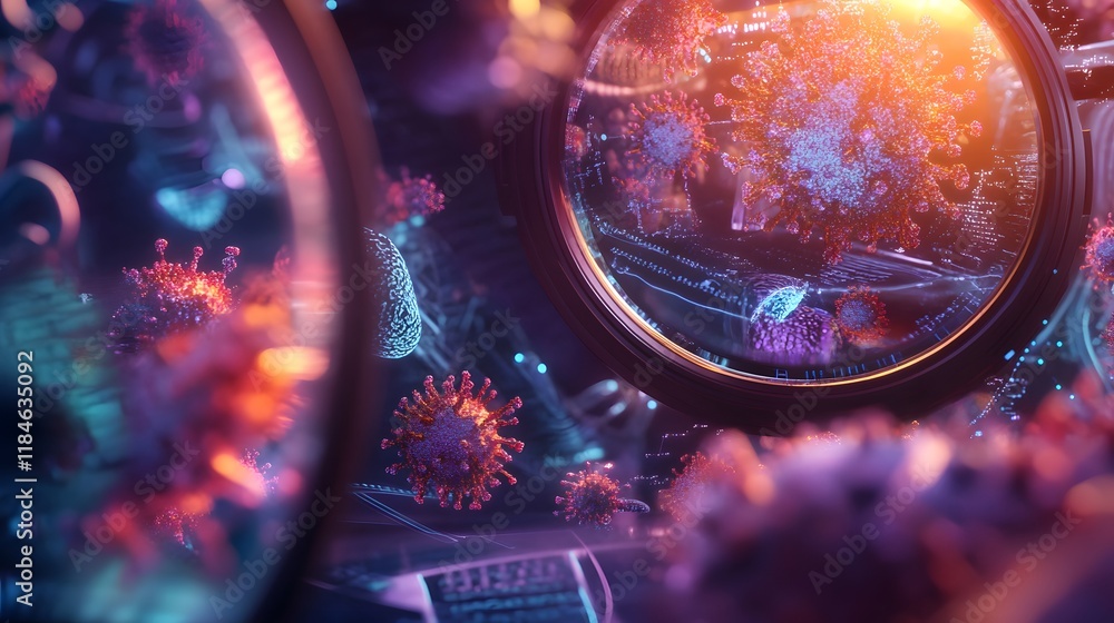 Aufkleber Abstract depiction of microscopic viruses under magnification with vibrant colors and glowing effects, representing the complexity of viral structures and their impact on health.