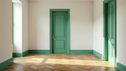 Sunlit Interior with Green Doors and Herringbone Floor Featuring Elegant Architectural Details