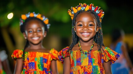 Happy african american children celebration Juneteenth on city street, african liberation day. Juneteenth Parade and Festival. Black History Month