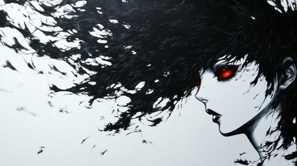 Anime girl with red eyes and flowing black hair.