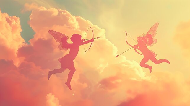 Cloudy sky background with cupid silhouettes flying and shooting arrows
