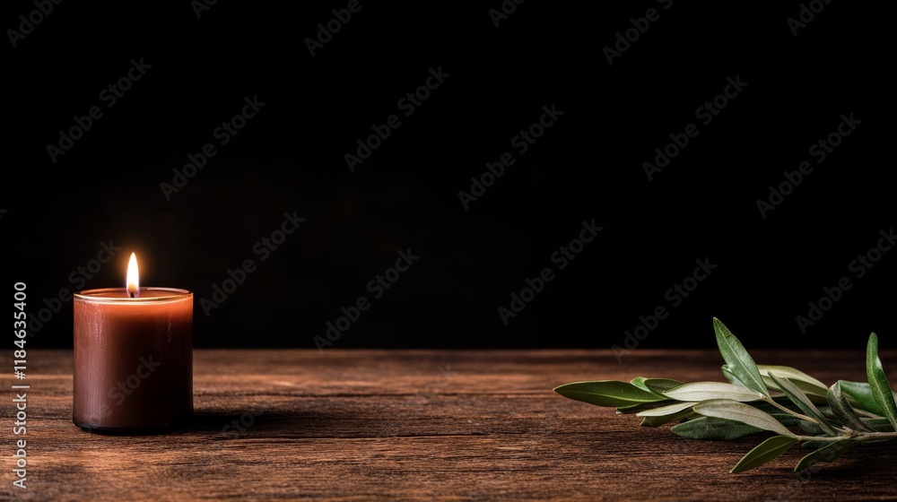Aufkleber a lit candle rests on a rustic wooden table, complemented by an olive branch. the dark background en