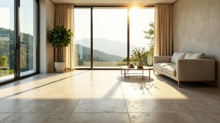 Fototapeta premium Serene Living Room with Panoramic Mountain View and Sunlight Streaming Through Large Windows