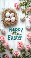 A beautifully styled nest of Easter eggs surrounded by vibrant pink roses, evoking the joyful spirit of spring celebrations and the Easter holiday traditions, perfect for festive decor.