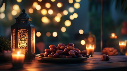 Ornamental Arabic lanterns with burning candles. Glittering golden bokeh lights. Plate with date fruit on the table. Greeting card for Muslim holiday Ramadan Kareem. Iftar dinner background.
