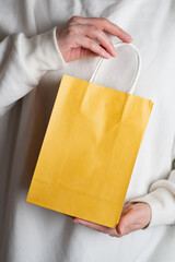 Woman holding in hand shopping package. Paper bag. Sale in store. Customer buy present. Black...