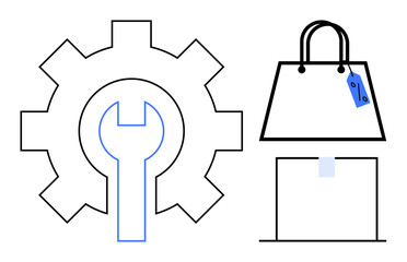 Gear and wrench icon beside a shopping bag with a price tag. Ideal for retail support, technical services, e-commerce solutions, consumer goods maintenance, repair, customer service integration