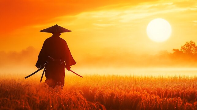 Silhouetted samurai walking through a misty rice paddy at sunset.