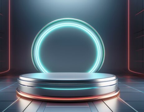 abstract 3d silver cylinder pedestal podium floating on air with glowing neon ring background silver wall scene for product display presentation  rendering geometric platform futuristic design
