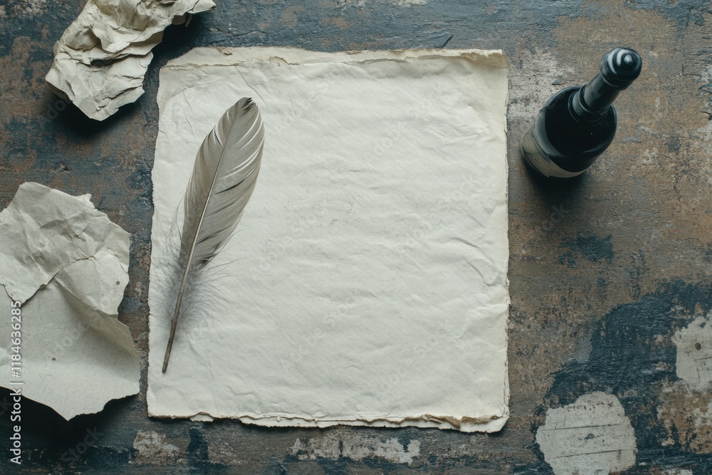 Poster Tools for elegant writing with a feather quill and ink on antique parchment arranged neatly on a rustic table. Generative AI