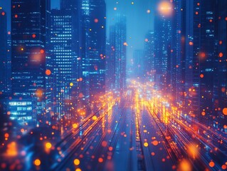 Obraz premium A vibrant cityscape at night with glowing lights and a futuristic atmosphere.