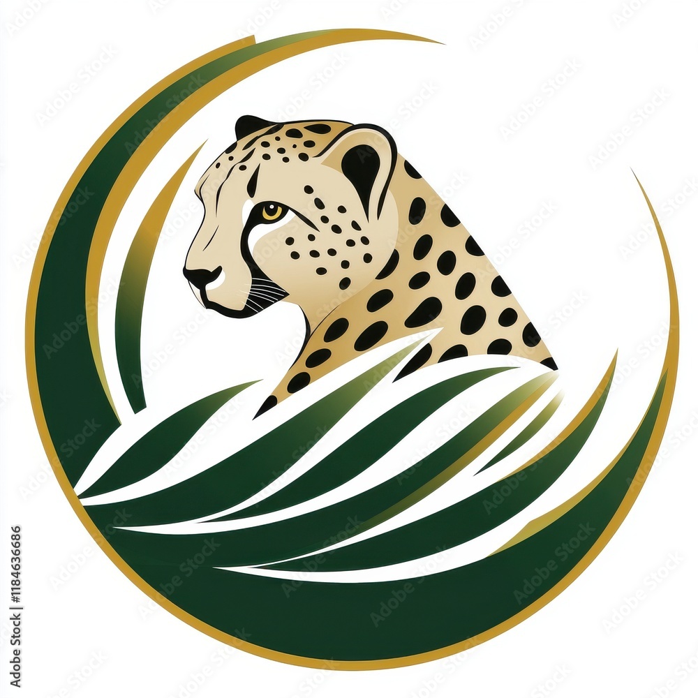Poster cheetah logo design in circle with grass elements for creative projects