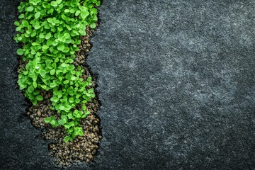 Naklejka premium Green plants sprout from dark surface crack.