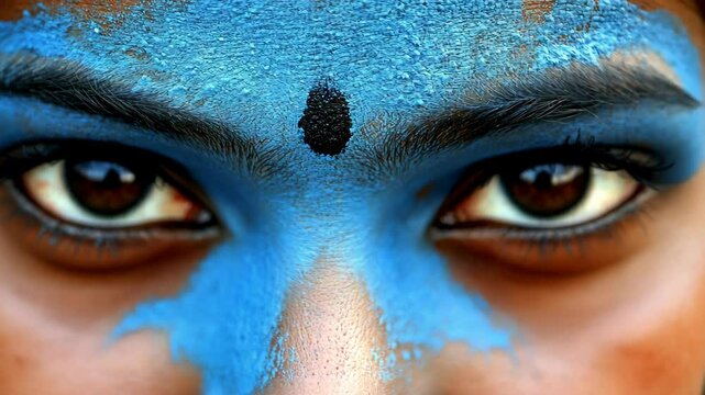Close-up of a person's expressive eyes adorned with vibrant blue face paint and a traditional black bindi during a cultural celebration
