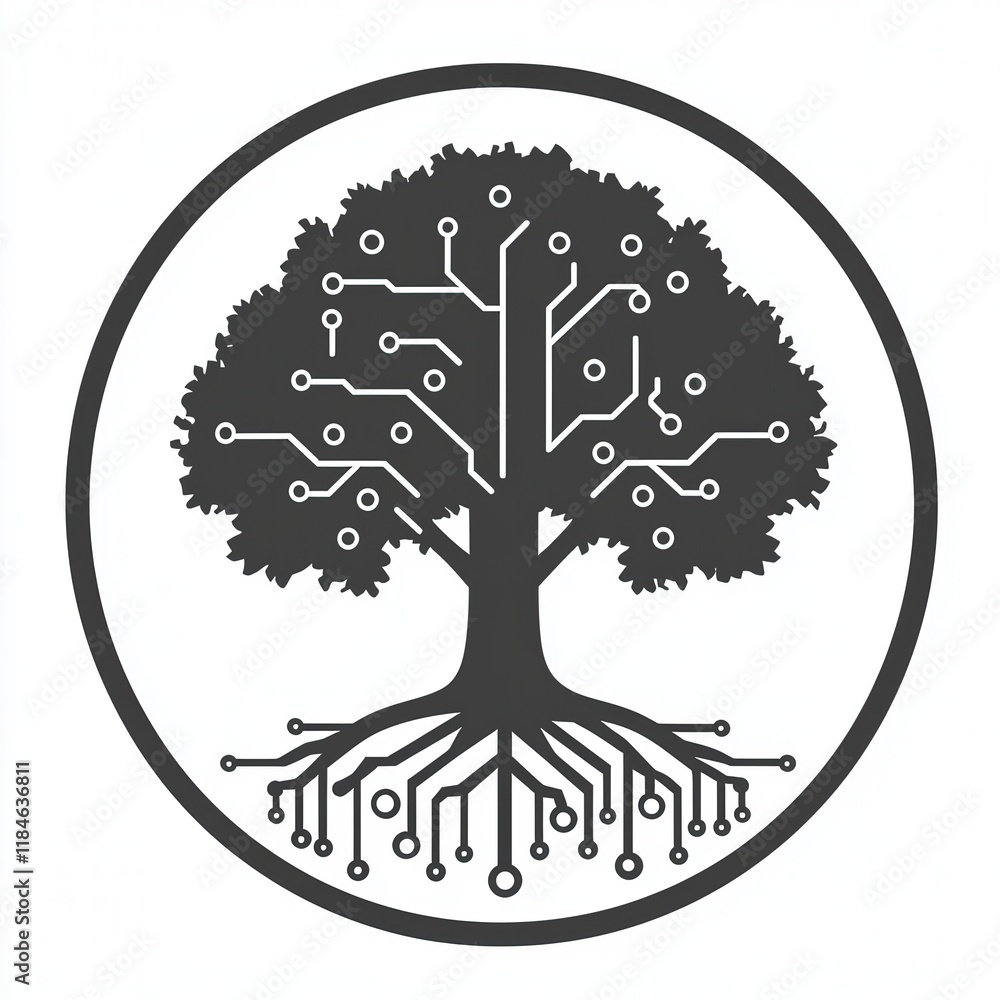 Aufkleber black and white vector logo of an oak tree with circuit design elements