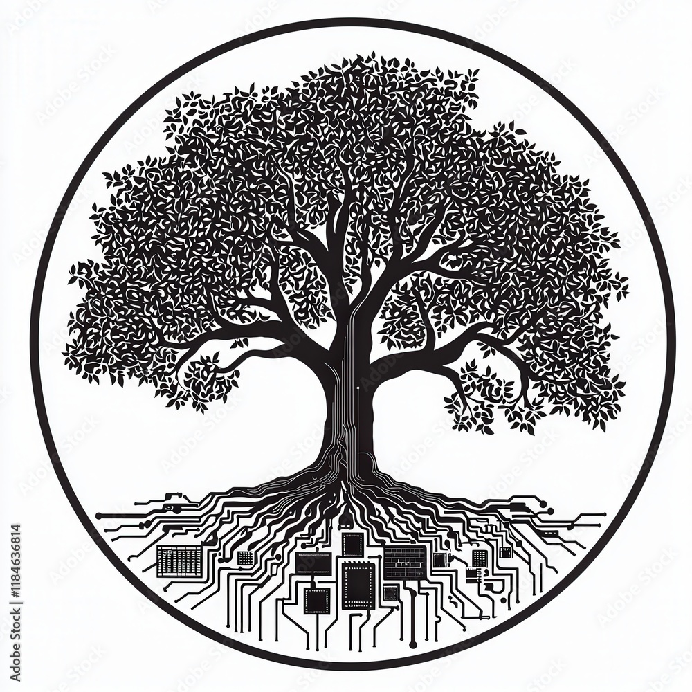 Aufkleber black and white vector logo of an oak tree with circuit patterns design