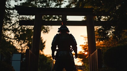 Silhouetted samurai warrior stands before a torii gate at sunset.