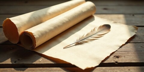 Ancient Scrolls and Quill Pen Resting on Weathered Wooden Surface in Soft Sunlight