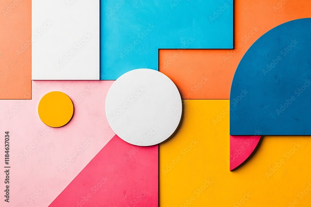 Poster vibrant geometric abstract composition with striking color contrasts and repeating shapes