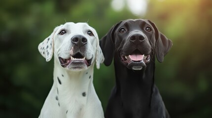 A joyful moment captured with two dogs, a Dalmatian and a Labrador, showcasing their playful and friendly demeanor against a lush green background in nature.