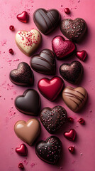 Flatlay of heart-shaped chocolates. Valentine's Day