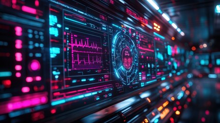 Futuristic digital interface with vibrant neon displays showing data streams, graphs, and controls.