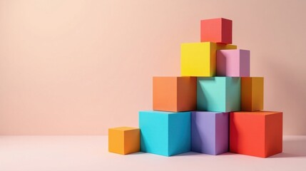 Obraz premium A vibrant arrangement of colorful cubes stacked in an asymmetrical pyramid on a pale pink surface